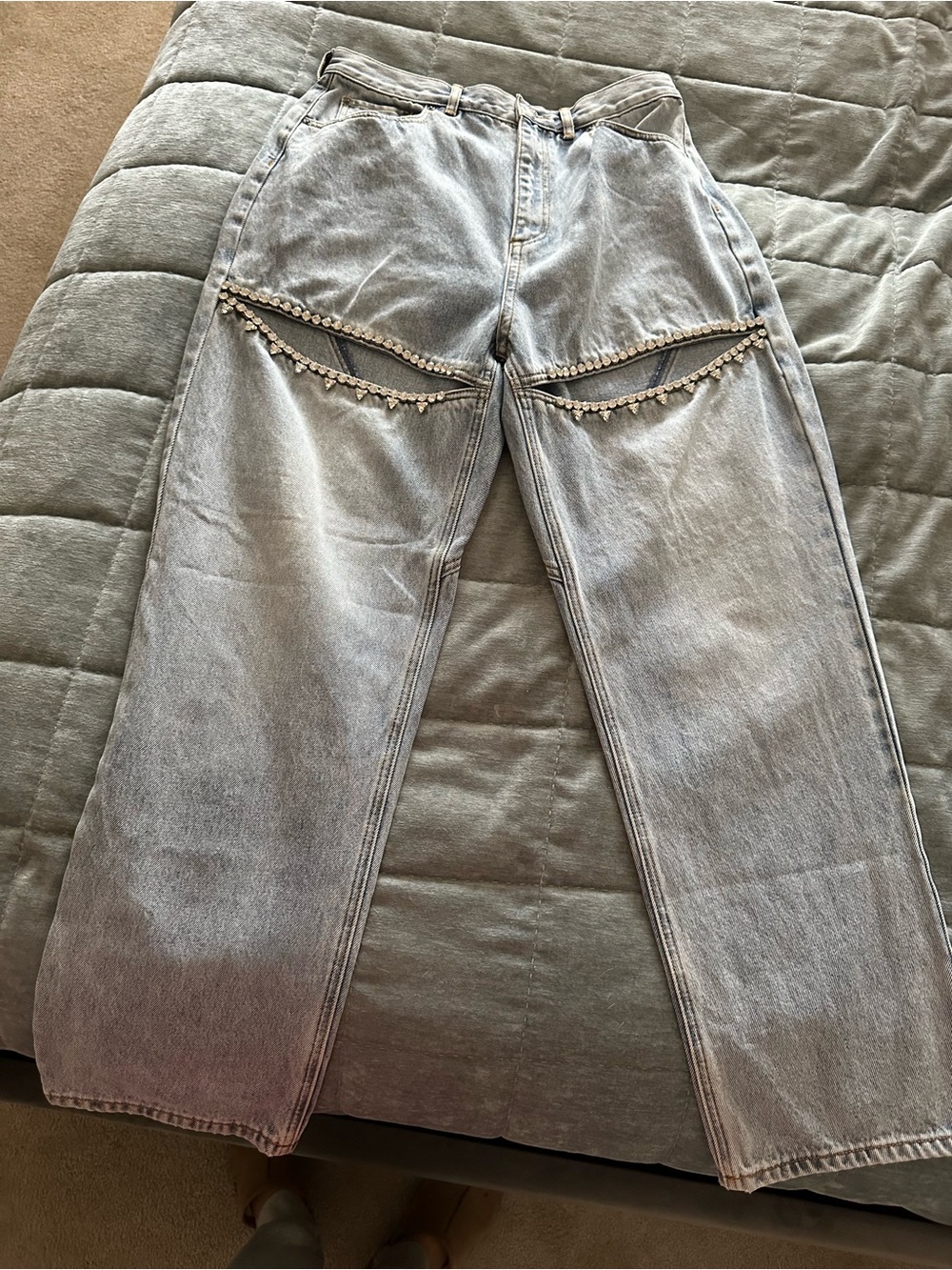 NWT AREA crystal slit jean in light blue